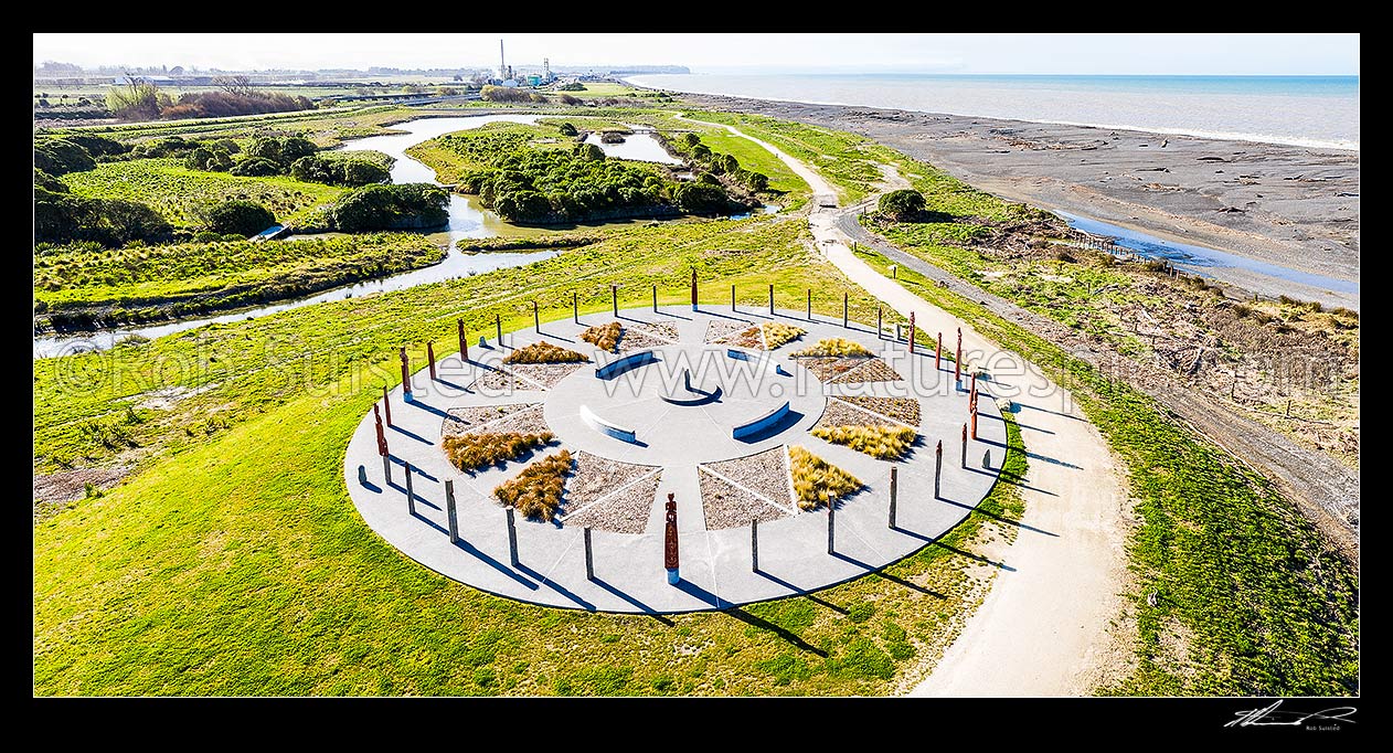 Image of Atea a Rangi, polynesian celestial star compass at Waitangi Regional Park Awatoto. Aerial panorama, Napier, Napier City District, Hawke's Bay Region, New Zealand (NZ) stock photo image