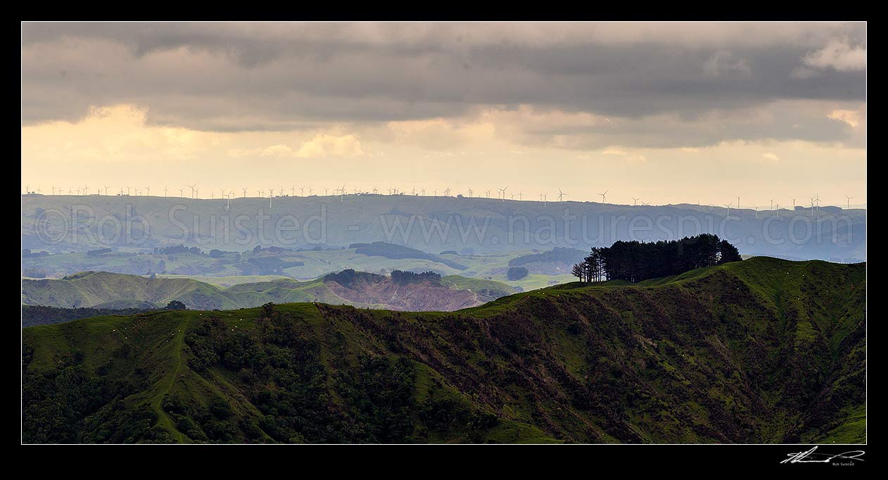 Image of Farmland view over northern Wairarapa towards the ridgeline wind turbines of Tararua Wind farm, over looking Pahiatua to Mangatainoka area. Panorama view, Pori, Tararua District, Manawatu-Wanganui Region, New Zealand (NZ) stock photo image