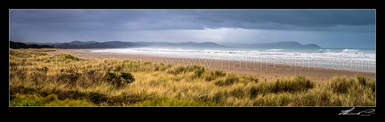 Image of Porangahau Beach on a moody day, looking north towards Blackhead Point at right. Panorama, Porangahau, Hawke's Bay Region, New Zealand (NZ) stock photo image