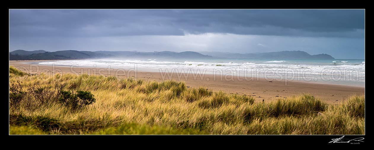 Image of Porangahau Beach on a moody day, looking north towards Blackhead Point at right. Panorama, Porangahau, Hawke's Bay Region, New Zealand (NZ) stock photo image