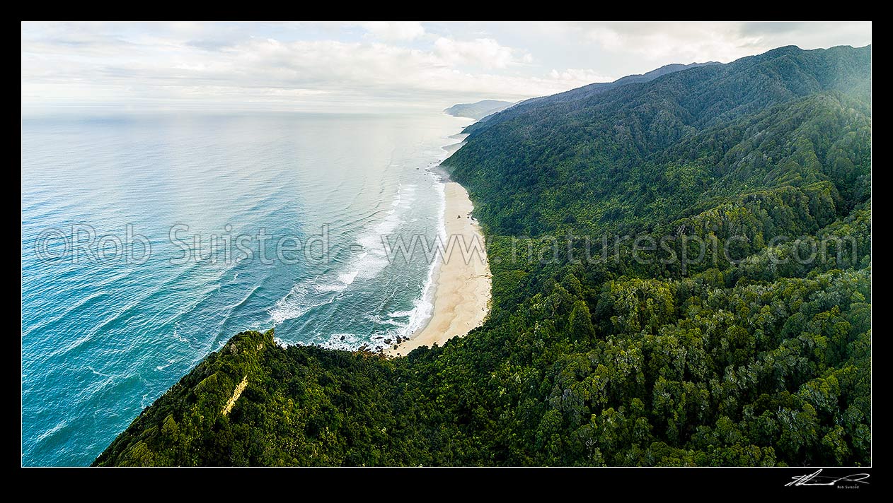 Image of Scotts Beach, seen from above Kohaihai Bluff on the Heaphy Track Great Walk. Kahurangi National Park. Aerial panorama looking north towards Heaphy Bluff, Kahurangi National Park, Buller District, West Coast Region, New Zealand (NZ) stock photo image