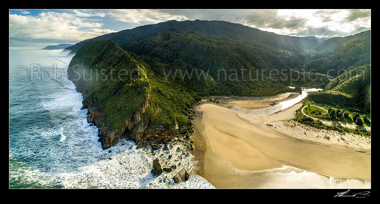 Image of Kohaihai Beach on Heaphy Track Great Walk. Kohaihai Bluff left, and Kohaihai River right. Aerial panorama on a misty morning, Kahurangi National Park, Buller District, West Coast Region, New Zealand (NZ) stock photo image