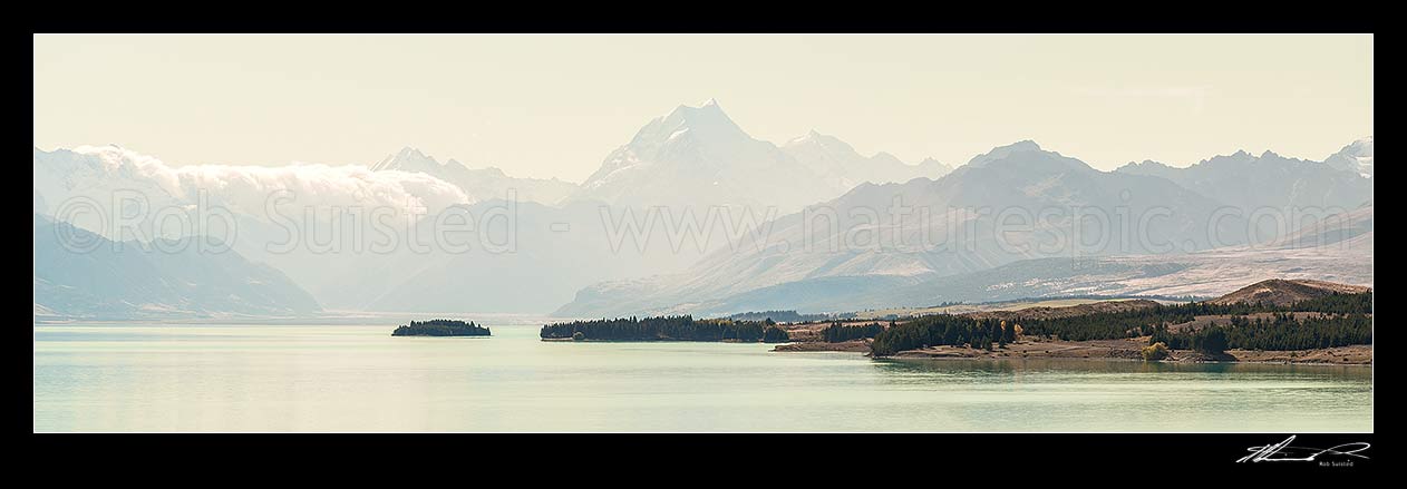 Image of Aoraki Mt Cook (3754m, centre) above Lake Pukaki. Tasman Valley above Morgans Island. Panorama, Aoraki / Mount Cook National Park, MacKenzie District, Canterbury Region, New Zealand (NZ) stock photo image