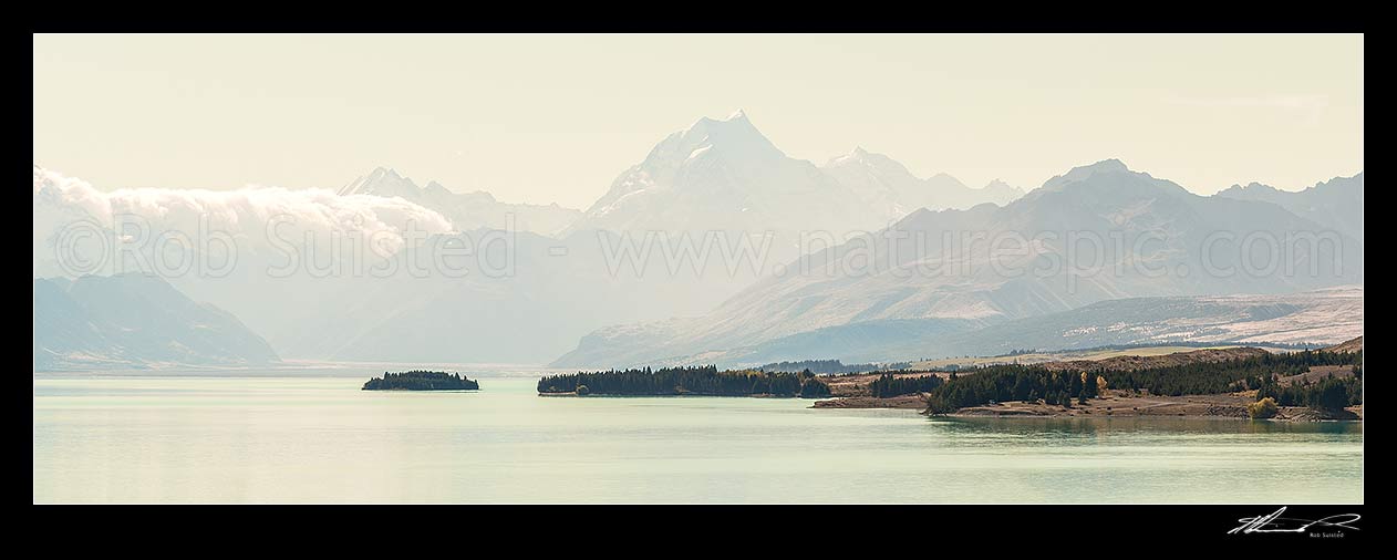 Image of Aoraki Mt Cook (3754m, centre) above Lake Pukaki. Tasman Valley above Morgans Island. Panorama, Aoraki / Mount Cook National Park, MacKenzie District, Canterbury Region, New Zealand (NZ) stock photo image