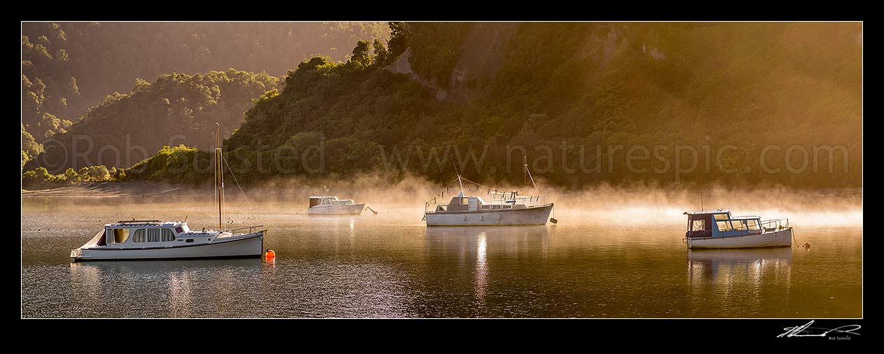 Image of Lake Waikaremoana, with boats moored in Te Karetu Inlet with morning mist hanging over the calm reflective lake. Te Urewera. Panorama, Waikaremoana, Wairoa District, Hawke's Bay Region, New Zealand (NZ) stock photo image