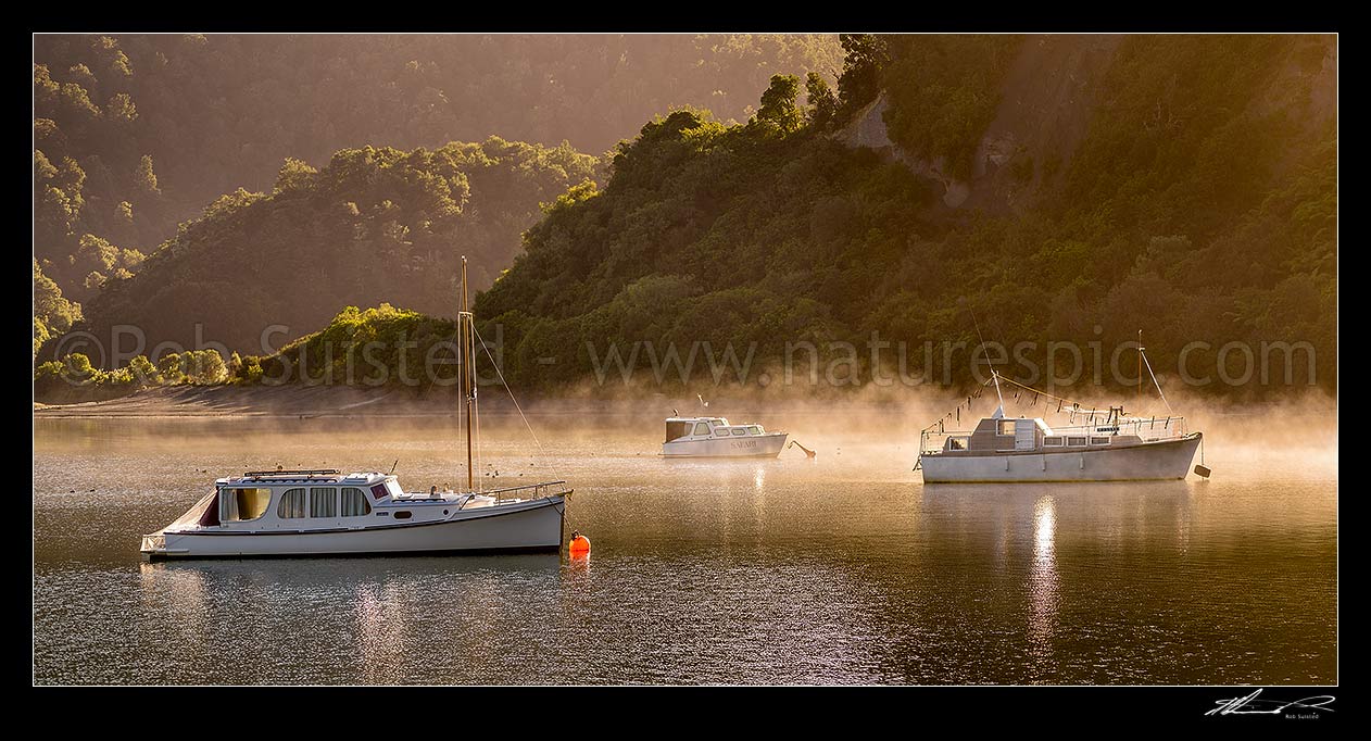 Image of Lake Waikaremoana, with boats moored in Te Karetu Inlet with morning mist hanging over the calm reflective lake. Te Urewera. Panorama, Waikaremoana, Wairoa District, Hawke's Bay Region, New Zealand (NZ) stock photo image