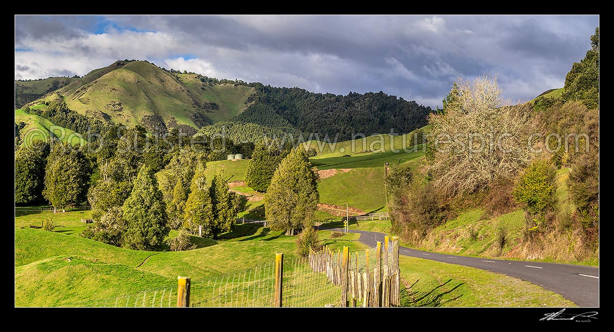 Image of Ruatahuna farmland in the heart of Te Urewera. Panorama, Ruatahuna, Whakatane District, Bay of Plenty Region, New Zealand (NZ) stock photo image