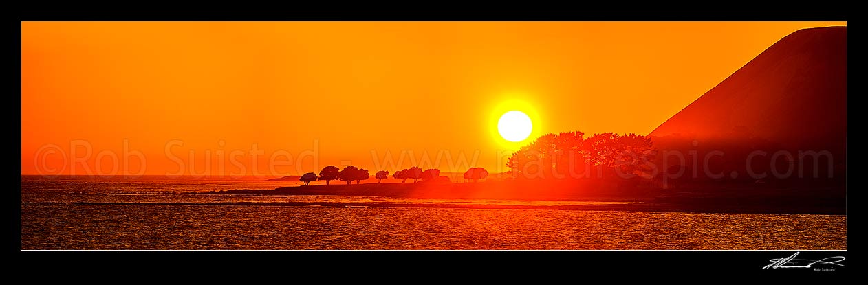 Image of Mahia Peninsula coastal sunrise at Kahutara Point (Table Cape). Panorama, Mahia, Wairoa District, Hawke's Bay Region, New Zealand (NZ) stock photo image