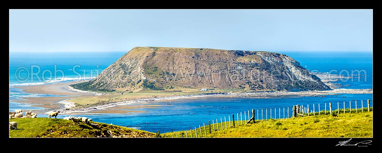 Image of Portland Island, also called Waikawa Island, a small island off the southern tip of the Mahia Peninsula at Ahuriri Point (foreground). Panorama, Mahia, Wairoa District, Hawke's Bay Region, New Zealand (NZ) stock photo image