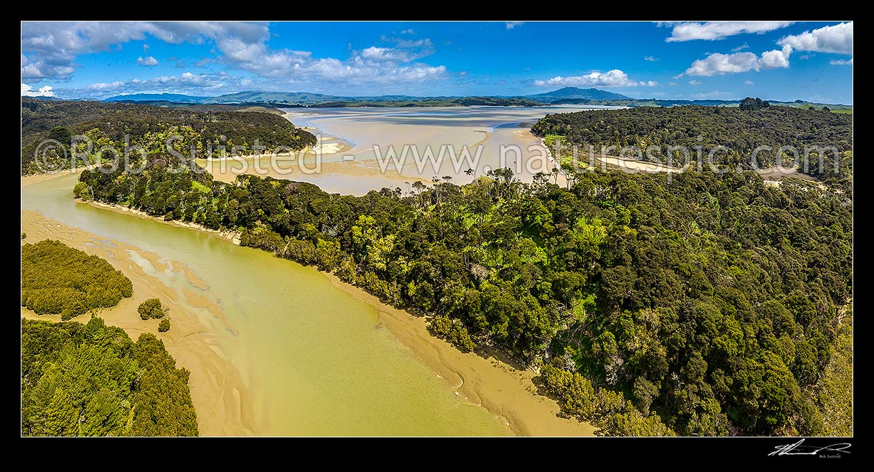 Image of Raglan Harbour upper reaches at Waingaro Landing. Mt Karioi (756m) beyond. Aerial panorama looking down Waingaro River, Raglan, Waikato District, Waikato Region, New Zealand (NZ) stock photo image