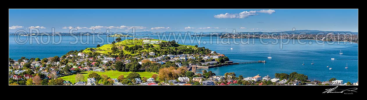 Image of North Head Historic Reserve above Devonport, with Hauraki Gulf and Motukorea Browns Island beyond. Torpedo Bay right. Panorama, Devonport, Auckland City District, Auckland Region, New Zealand (NZ) stock photo image