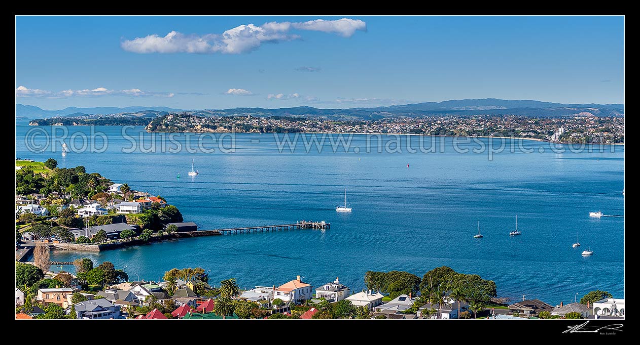 Image of Torpedo Bay, looking across the entrance of Waitemata Harbour to Mission Bay and St Heliers Bay. Panorama, Devonport, Auckland City District, Auckland Region, New Zealand (NZ) stock photo image