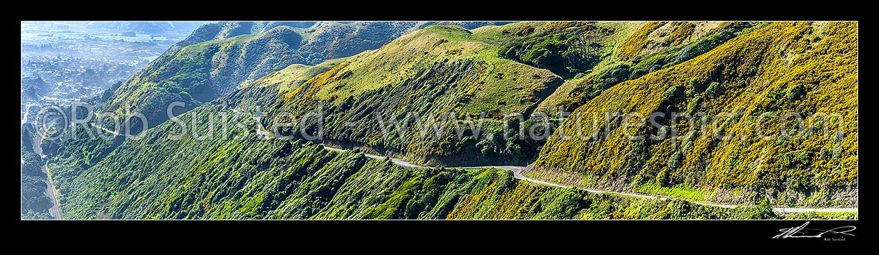 Image of Paekakariki Hill Road winding up the Paekakariki escarpment. Panorama over farmland and regenerating native forest. Paekakariki and main truck railway line far left, Paekakariki, Kapiti Coast District, Wellington Region, New Zealand (NZ) stock photo image