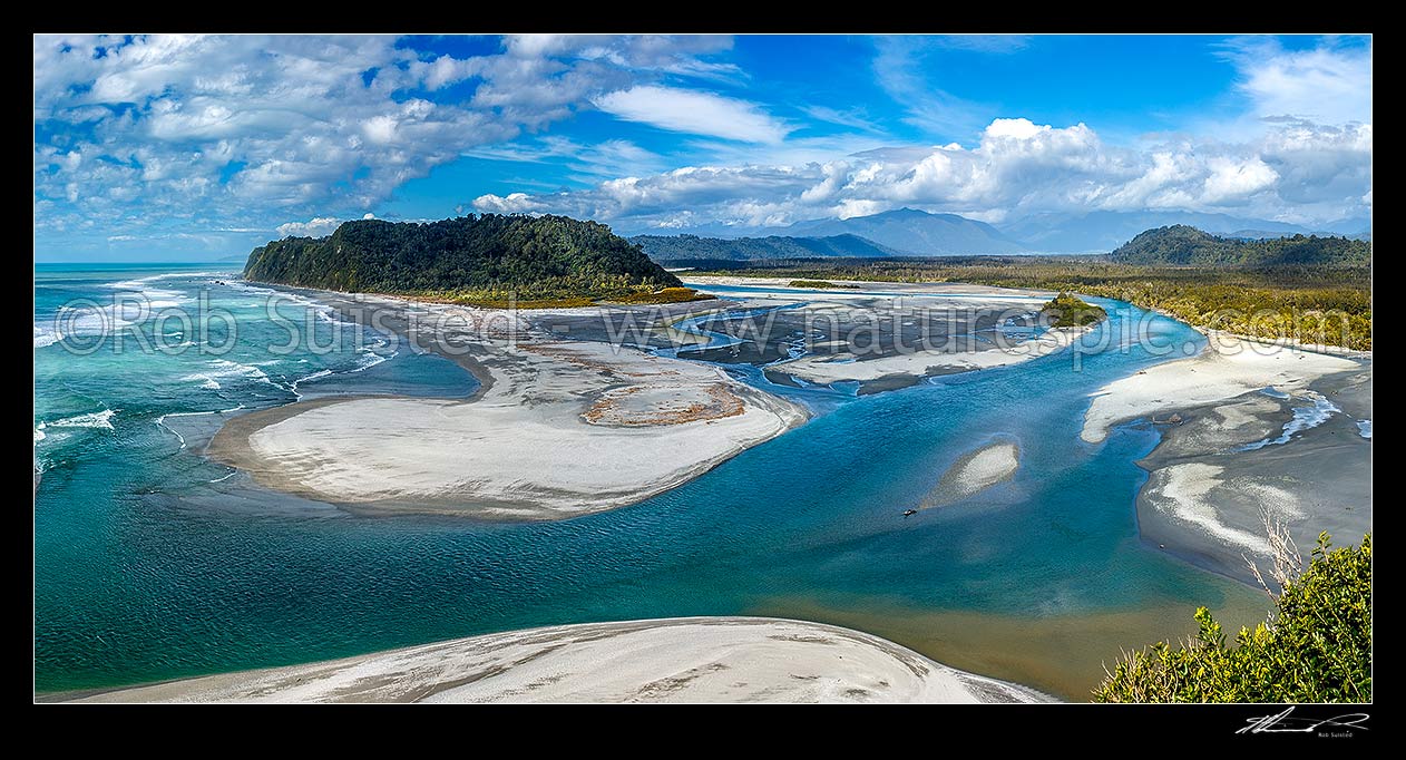 Image of Wanganui River mouth and Wanganui Heads seen from Mt Oneone (56m). Wanganui Bluff at left. Main Divide and Southern Alps behind. Panorama, Harihari, Westland District, West Coast Region, New Zealand (NZ) stock photo image