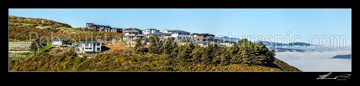 Image of New housing suburb development on old farmland. New homes under construction. Panorama, Wellington City District, Wellington Region, New Zealand (NZ) stock photo image