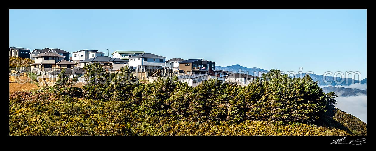 Image of New housing suburb development on old farmland. New homes under construction. Panorama, Wellington City District, Wellington Region, New Zealand (NZ) stock photo image