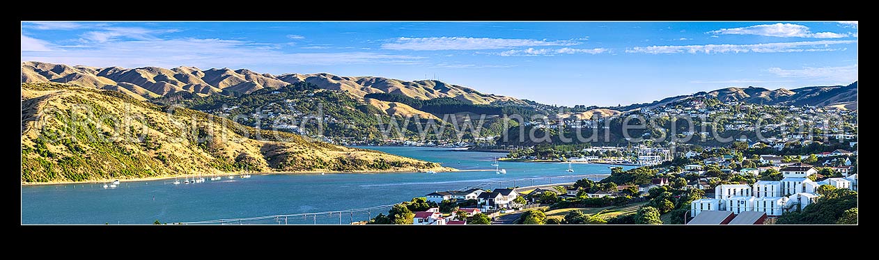 Image of Porirua Harbour view from Aotea. Looking north past Papakowhai to Mana, Plimmerton Beach (centre) and Camborne. Panorama, Paremata, Porirua City District, Wellington Region, New Zealand (NZ) stock photo image