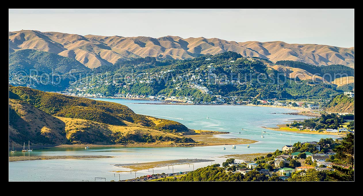 Image of Porirua Harbour view from Aotea. Looking north past Papakowhai to Mana (right), Plimmerton (centre) and Whitireia Park at left. Panorama, Paremata, Porirua City District, Wellington Region, New Zealand (NZ) stock photo image