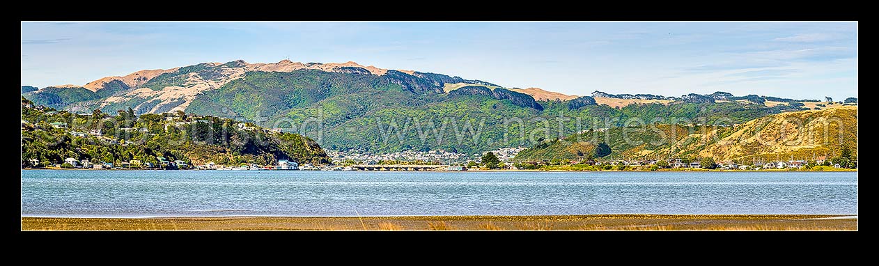 Image of Pauatahanui inlet of Porirua Harbour, seen from Grays Road. Looking to Paremata bridge, with Porirua City, Colonial Knob and Elsdon Bush behind. Panorama, Paremata, Porirua City District, Wellington Region, New Zealand (NZ) stock photo image