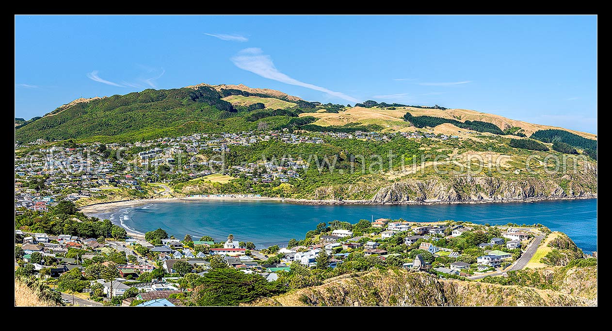 Image of Titahi Bay and beach. Colonial Knob Scenic Reserve (468m) and Elsdon Bush above. Panorama, Titahi Bay, Porirua City District, Wellington Region, New Zealand (NZ) stock photo image