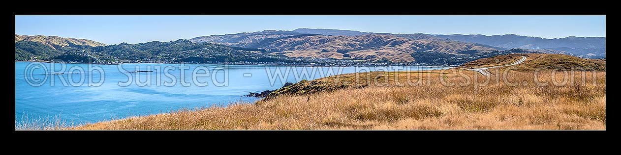 Image of Porirua Harbour entrance at Plimmerton, seen from Whitireia Park and Mt Cooper. Karehana Bay left, Plimmerton Beach right. Panorama, Titahi Bay, Porirua City District, Wellington Region, New Zealand (NZ) stock photo image