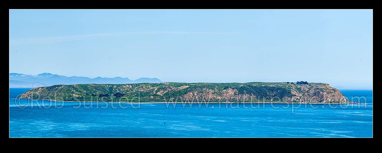 Image of Mana Island Panorama, seen from Titahi Bay Mt Whitireia. South Point left, North Bluff at right. Shingle Point centre left. Panorama, Mana Island, Porirua City District, Wellington Region, New Zealand (NZ) stock photo image