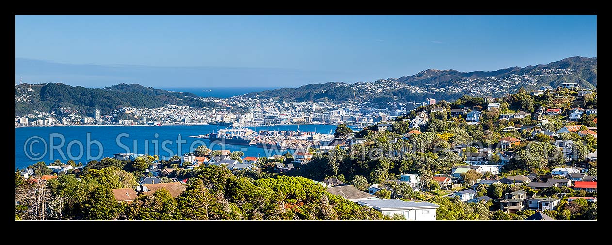 Image of Wellington panorama from Khandallah, looking down on harbour, CBD and Wellington Port. Cook Strait far beyond. Panorama, Kaiwharawhara, Wellington City District, Wellington Region, New Zealand (NZ) stock photo image