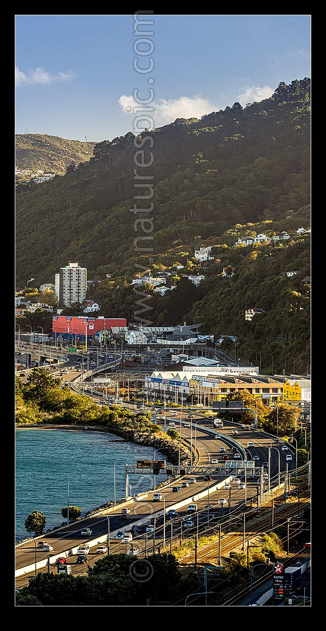 Image of Wellington gateway through Kaiwharawhara and Thorndon. Wellington Motorway and rail corridor entering Wellington City from the north. Vertical panorama, Kaiwharawhara, Wellington City District, Wellington Region, New Zealand (NZ) stock photo image