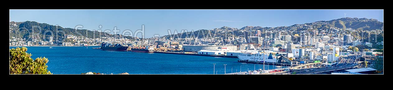 Image of Wellington City, Harbour and Port seen from Kaiwharawhara. Super wide panorama, Kaiwharawhara, Wellington City District, Wellington Region, New Zealand (NZ) stock photo image