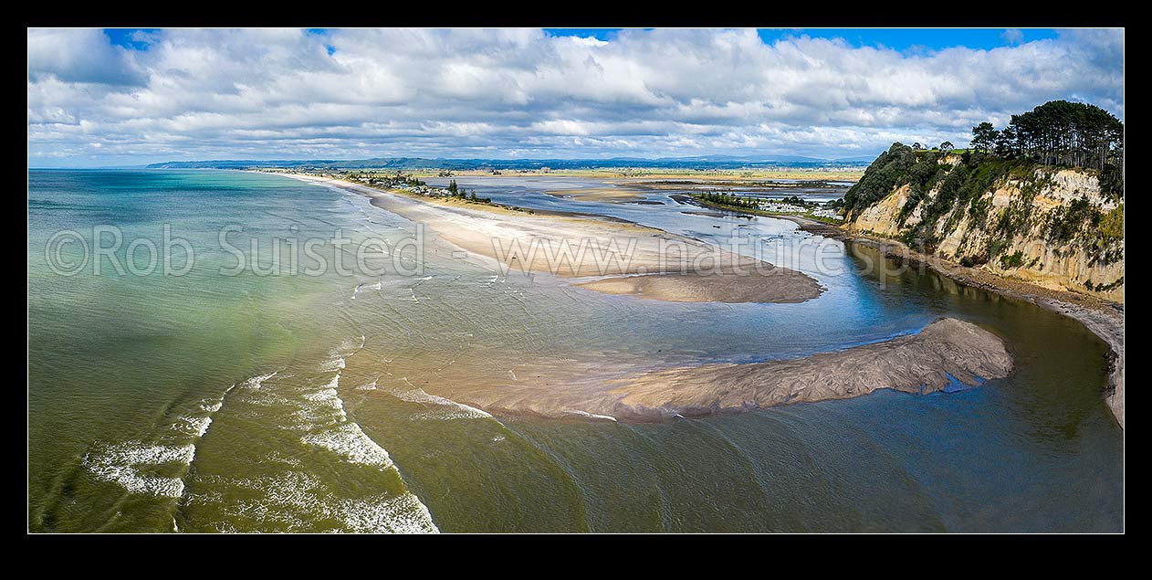 Image of Waihi Estuary outlet between Pukehina Beach (left) and Little Waihi, from near New Dicks Beach, Okurei Point. Aerial panorama, Pukehina Beach, Western Bay of Plenty District, Bay of Plenty Region, New Zealand (NZ) stock photo image