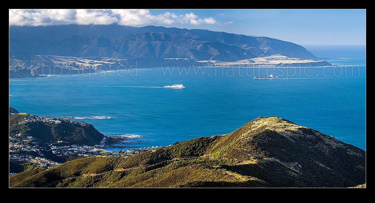 Image of Ships crossing at Wellington Harbour entrance, seen from Te Kopahau Reserve. Pencarrow, Baring and Turakirae Heads behind. Island Bay centre. Panorama, Owhiro Bay, Wellington City District, Wellington Region, New Zealand (NZ) stock photo image