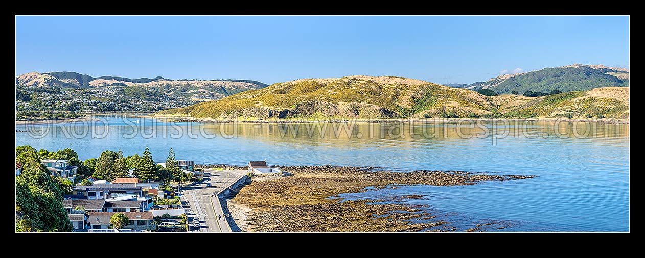 Image of Plimmerton Beach panorama, looking south past Mana and Paremate into Porirua Harbour (left), with Titahi Bay and Rangituhi Colonial Knob (468m) at right, Plimmerton, Porirua City District, Wellington Region, New Zealand (NZ) stock photo image