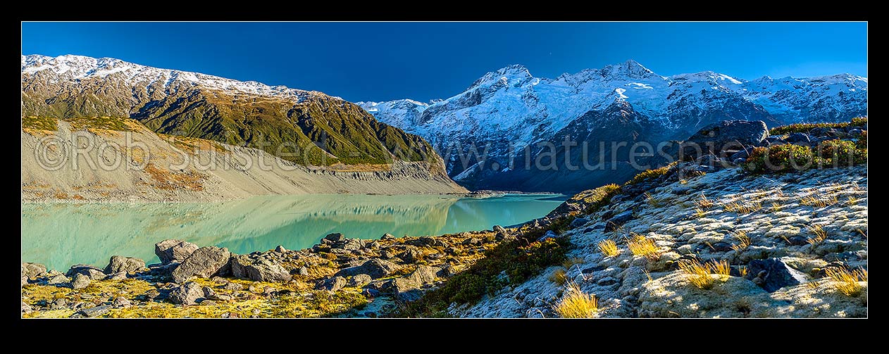 Image of Mt Sefton (3151m centre) and Footstool (2764m right) above the Mueller Glacier lake and valley. Southern Alps, Main Divide. Panorama, Aoraki / Mount Cook National Park, MacKenzie District, Canterbury Region, New Zealand (NZ) stock photo image