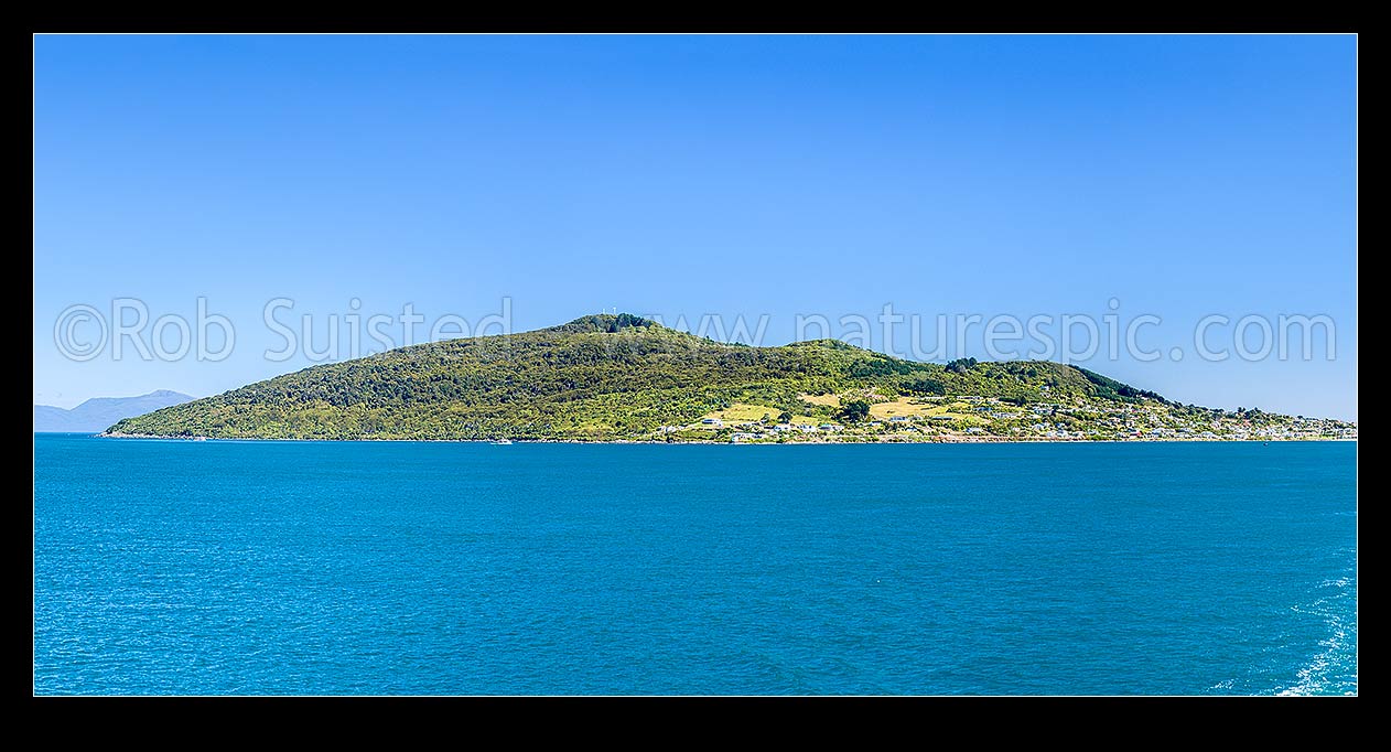 Image of The Bluff Motupohue hill (265m) above Bluff township, Stirling Point and Bluff Harbour. Panorama from ship leaving harbour entrance, Bluff, Invercargill District, Southland Region, New Zealand (NZ) stock photo image