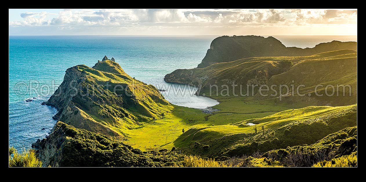 Image of Cooks Cove, where Captain James Cook landed in 1769. Panorama, Tolaga Bay, Gisborne District, Gisborne Region, New Zealand (NZ) stock photo image