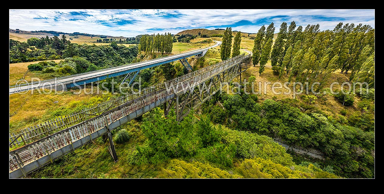 Image of Matahorua Railway Viaduct with new Matahorua road bridge and alignment beside, over the Matahorua Stream. Aerial panorama, Tutira, Hastings District, Hawke's Bay Region, New Zealand (NZ) stock photo image