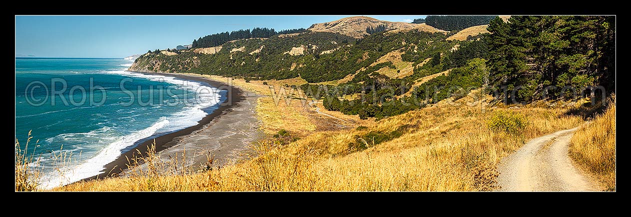 Image of Manuka Bay beach view at Port Robinson, Point Gibson. Image looking south along Port Robinson walking track towards Hurunui Mouth. Panorama, Gore Bay, Hurunui District, Canterbury Region, New Zealand (NZ) stock photo image