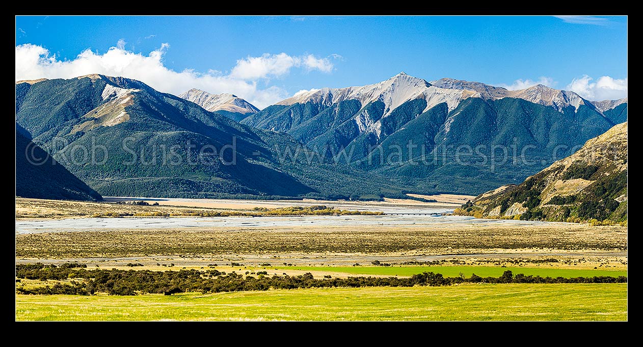 Image of Waimakariri River with Hawdon Stream and Andrews Stream valleys at left. Arthurs Pass National Park, Cora Lynn farmland in foreground. panorama, Cora Lynn, Selwyn District, Canterbury Region, New Zealand (NZ) stock photo image