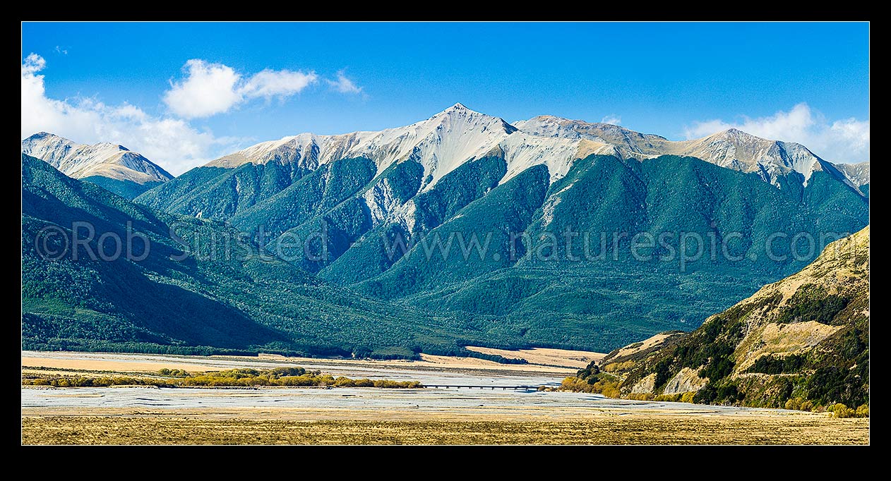 Image of Waimakariri River with Hawdon Stream (left) and Andrews Stream (centre) valleys. Arthurs Pass National Park panorama, Cora Lynn, Selwyn District, Canterbury Region, New Zealand (NZ) stock photo image