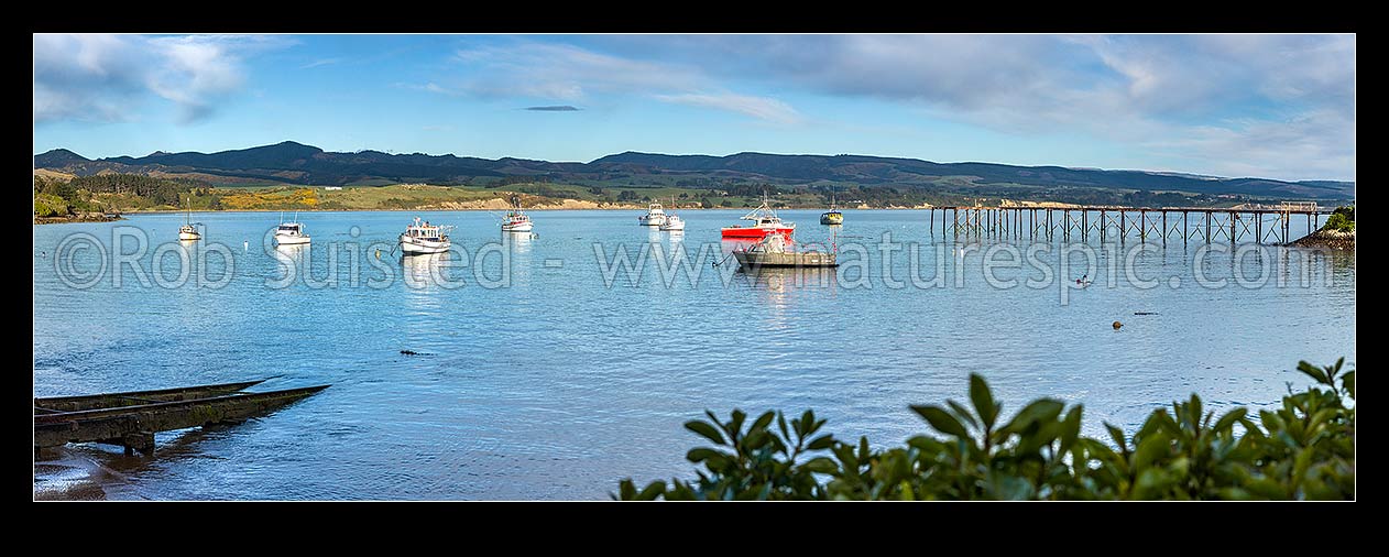 Image of Moeraki fishing fleet boats moored in Onekakara Bay on a calm morning. Panorama, Moeraki, Waitaki District, Canterbury Region, New Zealand (NZ) stock photo image