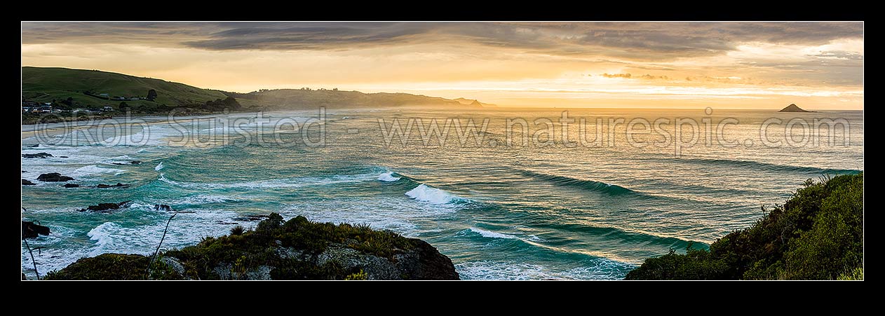 Image of Brighton Beach, Waldron foreshore and Kaikorai Stream mouth on a moody sunrise. Blackhead point and Otago Peninsula beyond. Green Island right. Panorama, Brighton, Dunedin City District, Otago Region, New Zealand (NZ) stock photo image