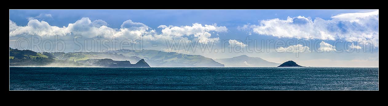 Image of Southern Otago Peninsula seen from Brighton Beach, looking past Back Head point and White Island (right) to Otago Peninsula beyond. Panorama, Brighton, Dunedin, Dunedin City District, Otago Region, New Zealand (NZ) stock photo image