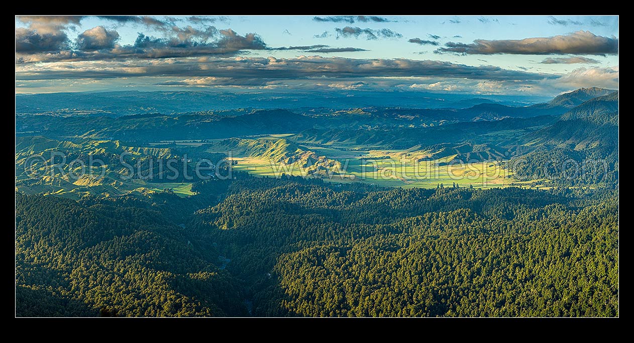 Image of Kawhatu and Pourangaki Rivers in forested foothills and farmland of the western Ruahine Ranges in evening light. Panorama. Pari Stream in foreground, Ruahine Forest Park, Manawatu District, Manawatu-Wanganui Region, New Zealand (NZ) stock photo image