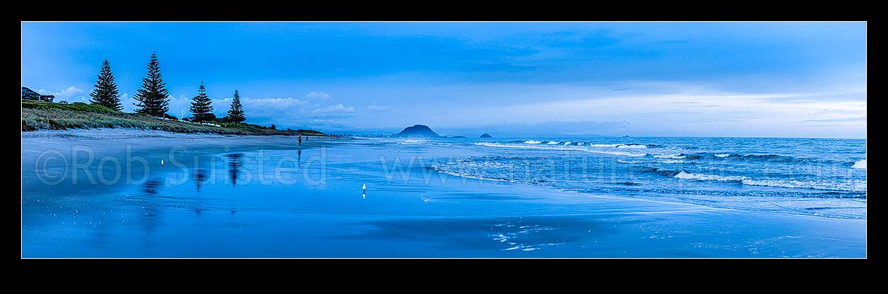 Image of Papamoa Beach and surf, summer pre-dawn as people exercise early morning. Mount Maunganui Mauao behind. Panorama, Papamoa Beach, Tauranga District, Bay of Plenty Region, New Zealand (NZ) stock photo image