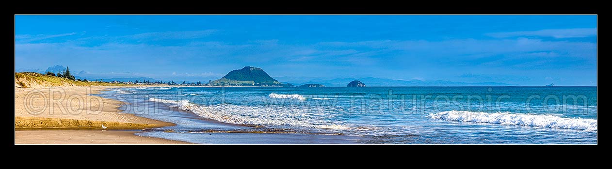 Image of Papamoa Beach panorama, looking west along the beach towards Mount Maunganui Mauao (231m) and Motuotau Island, Papamoa Beach, Tauranga District, Bay of Plenty Region, New Zealand (NZ) stock photo image