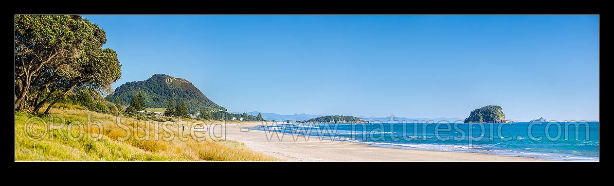 Image of Papamoa Beach on a summer day, looking west towards Mt Maunganui Mauao and Motuotau Island. Panorama, Papamoa Beach, Tauranga District, Bay of Plenty Region, New Zealand (NZ) stock photo image