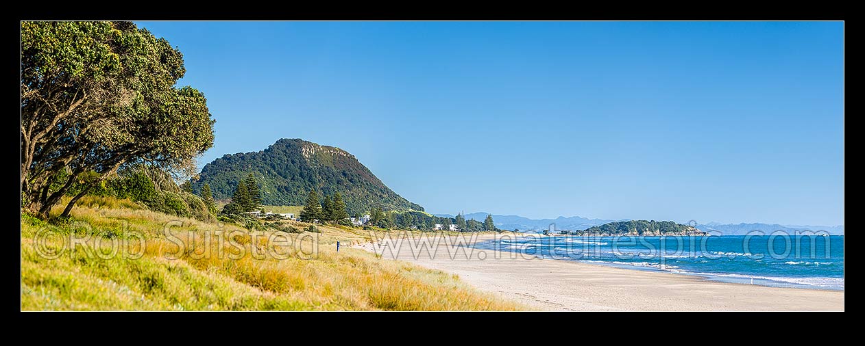 Image of Papamoa Beach on a summer day, looking west towards Mt Maunganui Mauao and Motuotau Island. Panorama, Papamoa Beach, Tauranga District, Bay of Plenty Region, New Zealand (NZ) stock photo image