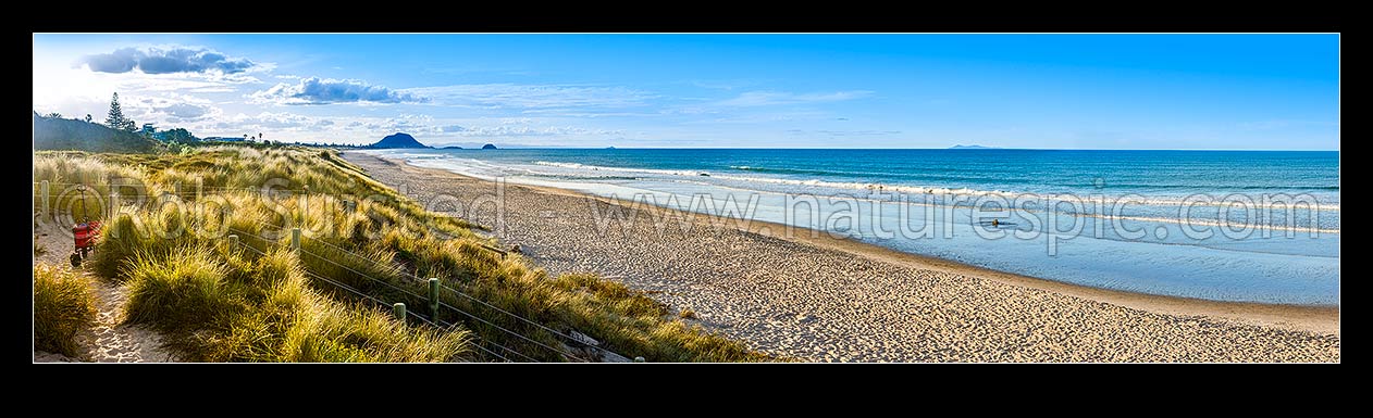 Image of Papamoa Beach and golden sand dune view in late afternoon light. Looking west towards Mt Maunganui Mauao (231m). Panorama, Papamoa Beach, Tauranga District, Bay of Plenty Region, New Zealand (NZ) stock photo image