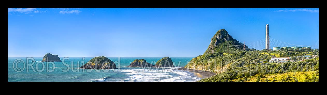 Image of Nga Motu Sugar Loaf Islands, Paritutu Rock (154m) and distinctive power station chimney landmark behind. Nga Motu Taranaki. Panorama, Oakura, New Plymouth District, Taranaki Region, New Zealand (NZ) stock photo image