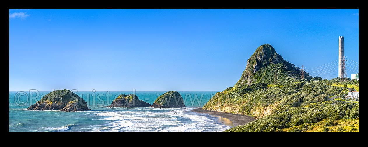 Image of Nga Motu Sugar Loaf Islands, Paritutu Rock (154m) and distinctive power station chimney landmark behind. Nga Motu Taranaki. Panorama, New Plymouth, New Plymouth District, Taranaki Region, New Zealand (NZ) stock photo image